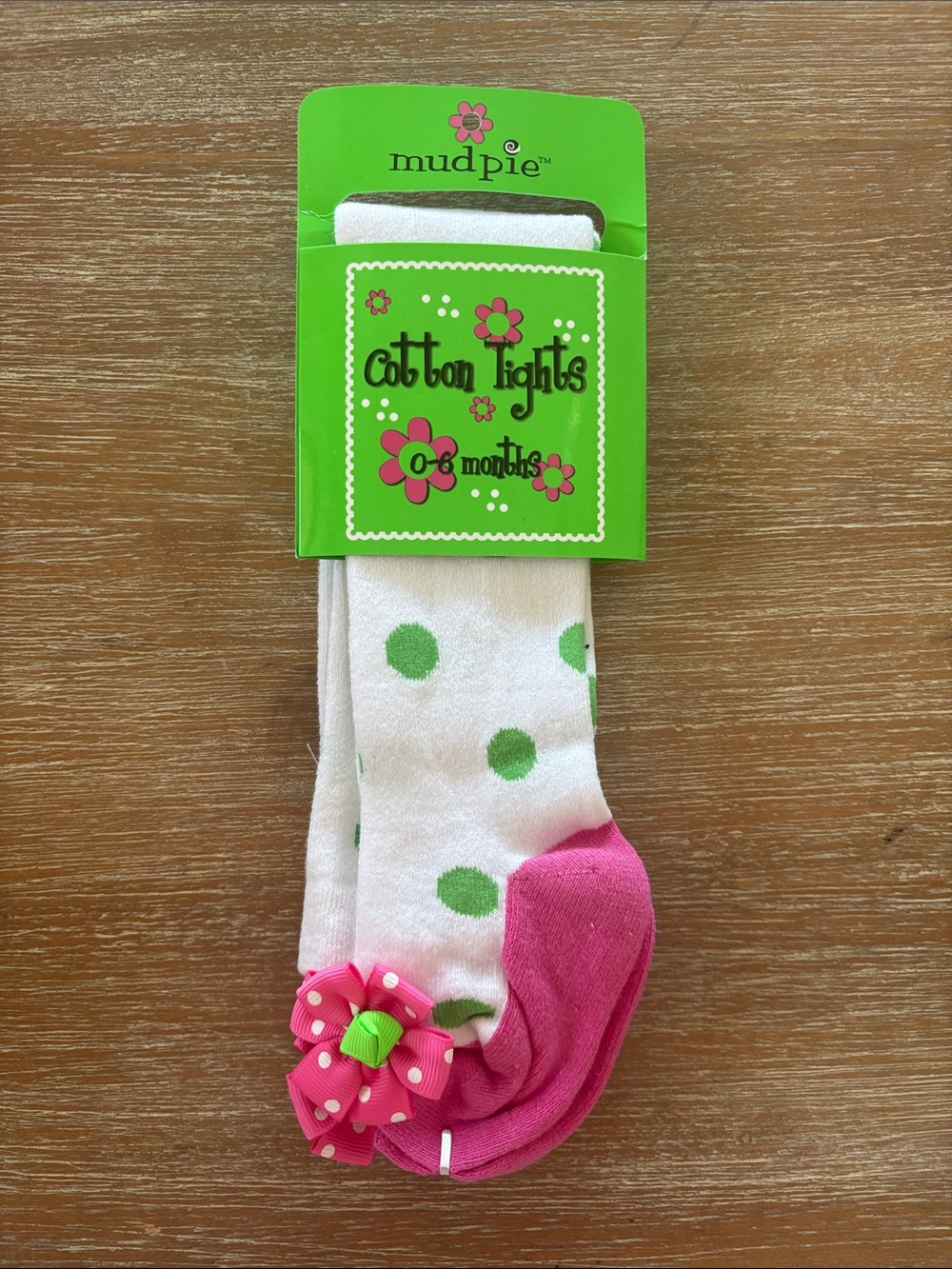 NWT Mud Pie Girls' White & Pink Polka Dot Cotton Tights with Pink Bow 0-6 Months